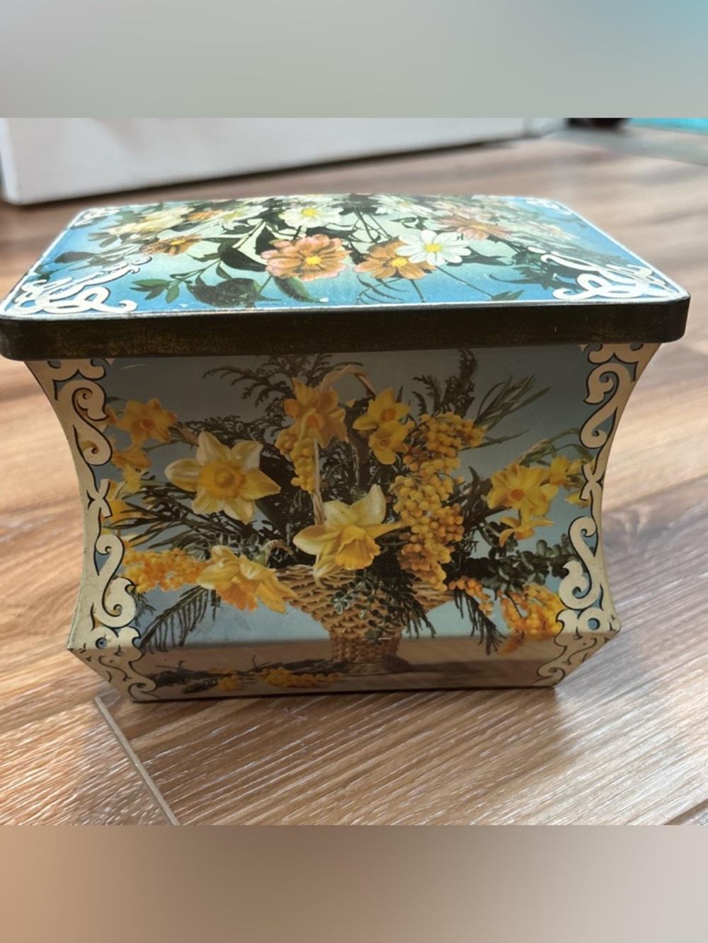 Vintage Yellow Floral Tin with Blue Background